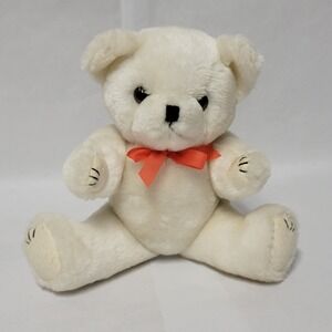 Vintage Poseable Teddy Bear Plush Toy Red Bow‎ Sitting Stuffed Animal